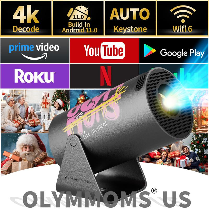 Olymmons HY300 Pro Mini Portable Projector, 4K/260 ANSI Smart Projector with Wifi 6 Bluetooth 5.0, Screen Adjustment, Home Theater Video 2025 Mini Projector Portable Bluetooth Android Projector Portable