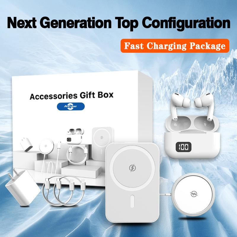 Artcyber 6-In-1 Magnetic Wireless Charging & Audio Support Set – 5000Mah Power Bank, 20W Fast Charger, Type-C to Lightning Cable, for Iphone & Android