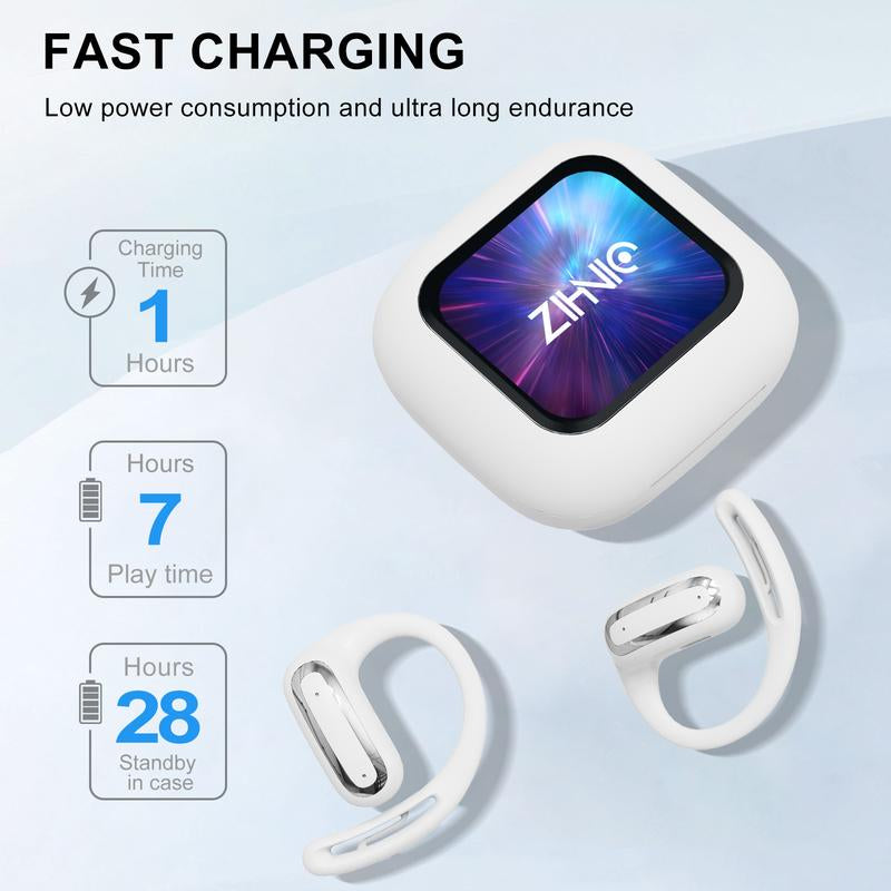 ZIHNIC S16 Open Earphones, Smart Touch-Screen Wireless Bluetooth Earphones, Screen Charging Box with LED Display, Waterproof Ultra-Long Battery Life, Comfortable to Wear, Compatible with Iphone and Android, Suitable for Daily Sports, Study, Office, Etc.