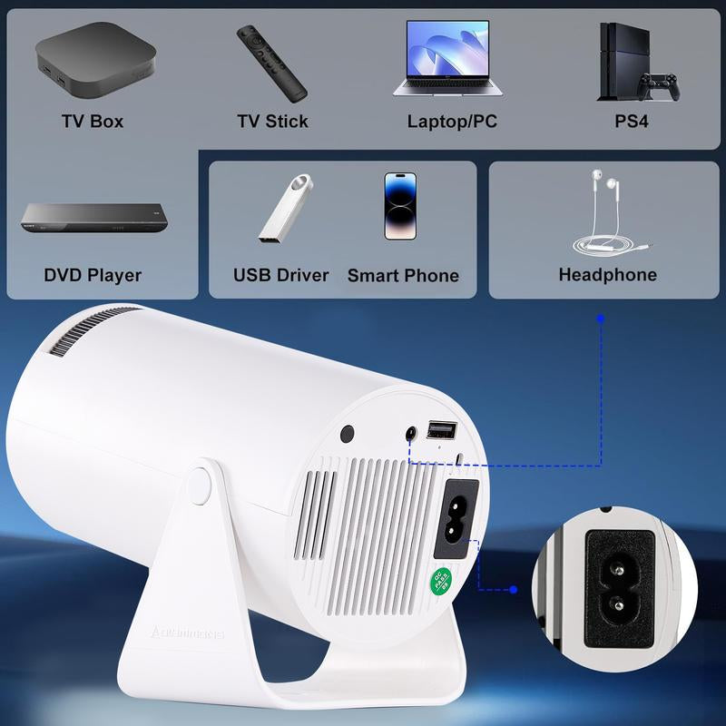 Olymmons HY300 Pro Mini Portable Projector, 4K/260 ANSI Smart Projector with Wifi 6 Bluetooth 5.0, Screen Adjustment, Home Theater Video 2025 Mini Projector Portable Bluetooth Android Projector Portable
