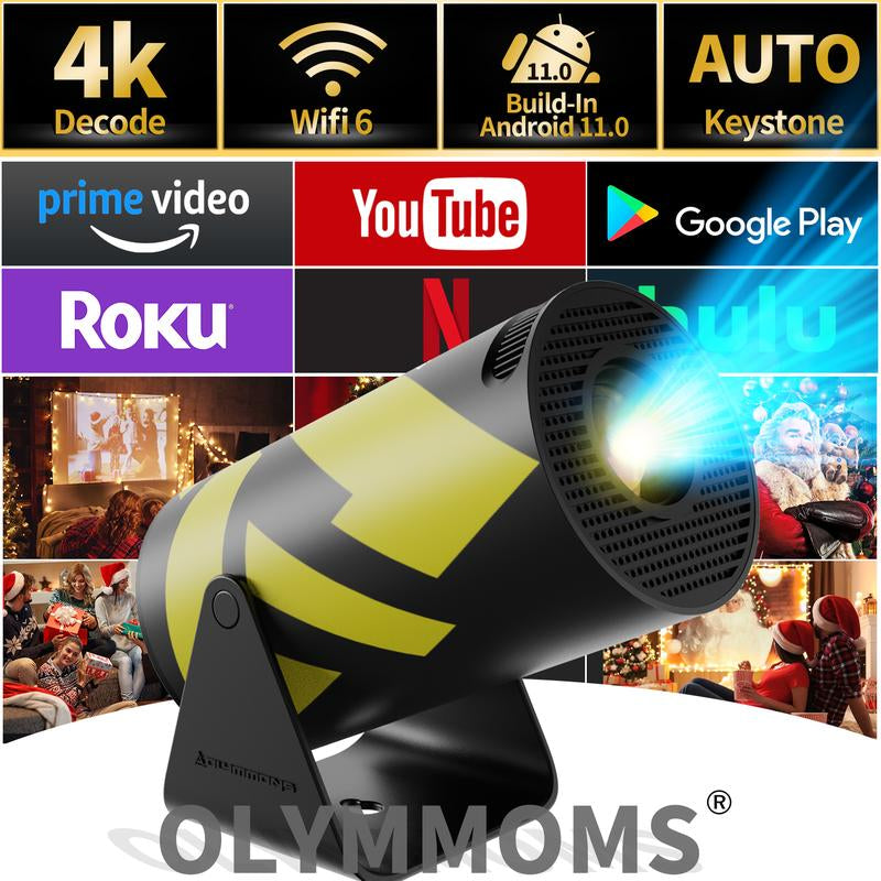 Olymmons HY300 Pro Mini Portable Projector, 4K/260 ANSI Smart Projector with Wifi 6 Bluetooth 5.0, Screen Adjustment, Home Theater Video 2025 Mini Projector Portable Bluetooth Android Projector Portable