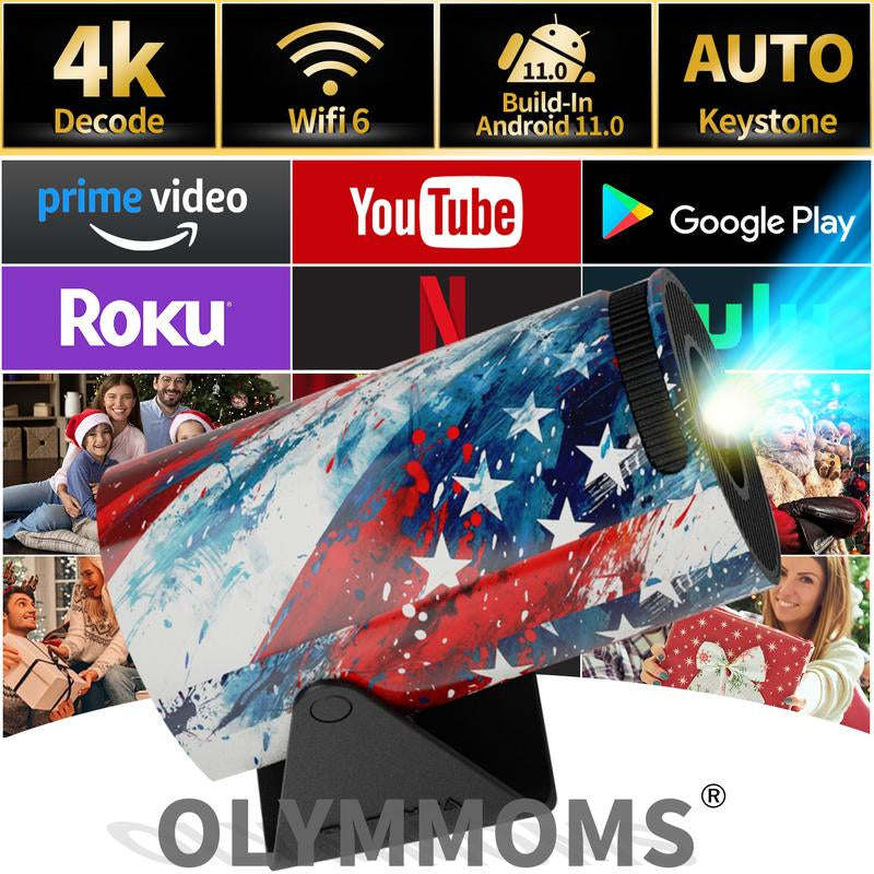 Olymmons HY300 Pro Mini Portable Projector, 4K/260 ANSI Smart Projector with Wifi 6 Bluetooth 5.0, Screen Adjustment, Home Theater Video 2025 Mini Projector Portable Bluetooth Android Projector Portable