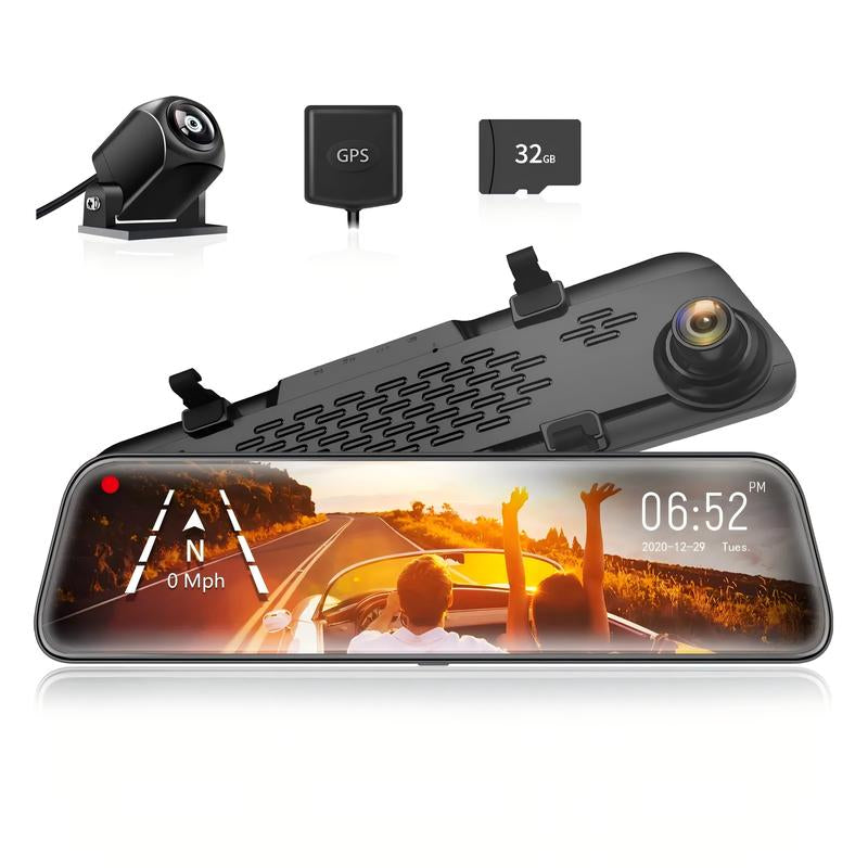 WOLFBOX G840S 12" 4K Mirror Dash Cam Backup Camera, 2160P Full HD Smart Rearview Mirror for Cars & Trucks, Front and Rear View Dual Cameras, Night Vision, Parking Assistance, Included 32GB Card & Gps,Truck Accessories Car Dashcam