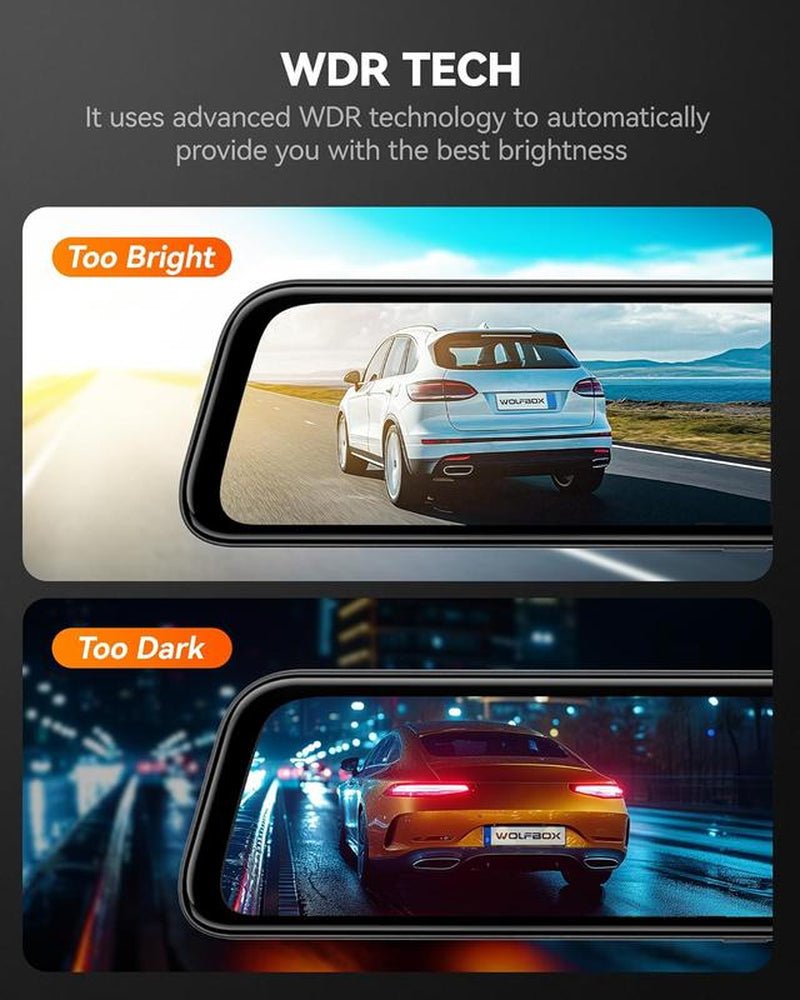 WOLFBOX G840S 12" 4K Mirror Dash Cam Backup Camera, 2160P Full HD Smart Rearview Mirror for Cars & Trucks, Front and Rear View Dual Cameras, Night Vision, Parking Assistance, Included 32GB Card & Gps,Truck Accessories Car Dashcam