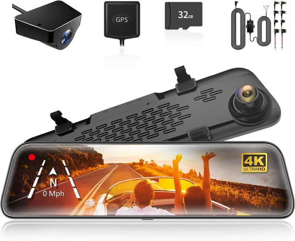 WOLFBOX G840S 12" 4K Mirror Dash Cam Backup Camera, 2160P Full HD Smart Rearview Mirror for Cars & Trucks, Front and Rear View Dual Cameras, Night Vision, Parking Assistance, Included 32GB Card & Gps，Truck Accessories Car Dashcam