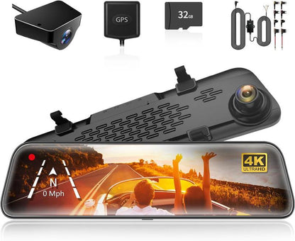 WOLFBOX G840S 12" 4K Mirror Dash Cam Backup Camera, 2160P Full HD Smart Rearview Mirror for Cars & Trucks, Front and Rear View Dual Cameras, Night Vision, Parking Assistance, Included 32GB Card & Gps，Truck Accessories Car Dashcam