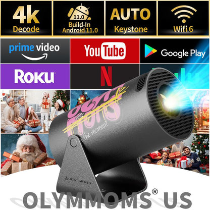 Olymmons HY300 Pro Mini Portable Projector, 4K/260 ANSI Smart Projector with Wifi 6 Bluetooth 5.0, Screen Adjustment, Home Theater Video 2025 Mini Projector Portable Bluetooth Android Projector Portable