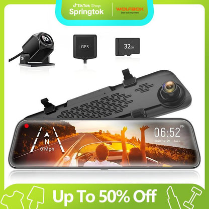 WOLFBOX G840S 12" 4K Mirror Dash Cam Backup Camera, 2160P Full HD Smart Rearview Mirror for Cars & Trucks, Front and Rear View Dual Cameras, Night Vision, Parking Assistance, Included 32GB Card & Gps，Truck Accessories Car Dashcam