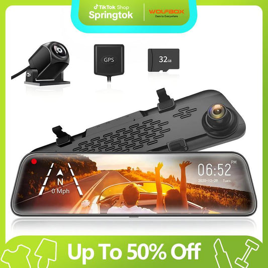 WOLFBOX G840S 12" 4K Mirror Dash Cam Backup Camera, 2160P Full HD Smart Rearview Mirror for Cars & Trucks, Front and Rear View Dual Cameras, Night Vision, Parking Assistance, Included 32GB Card & Gps，Truck Accessories Car Dashcam
